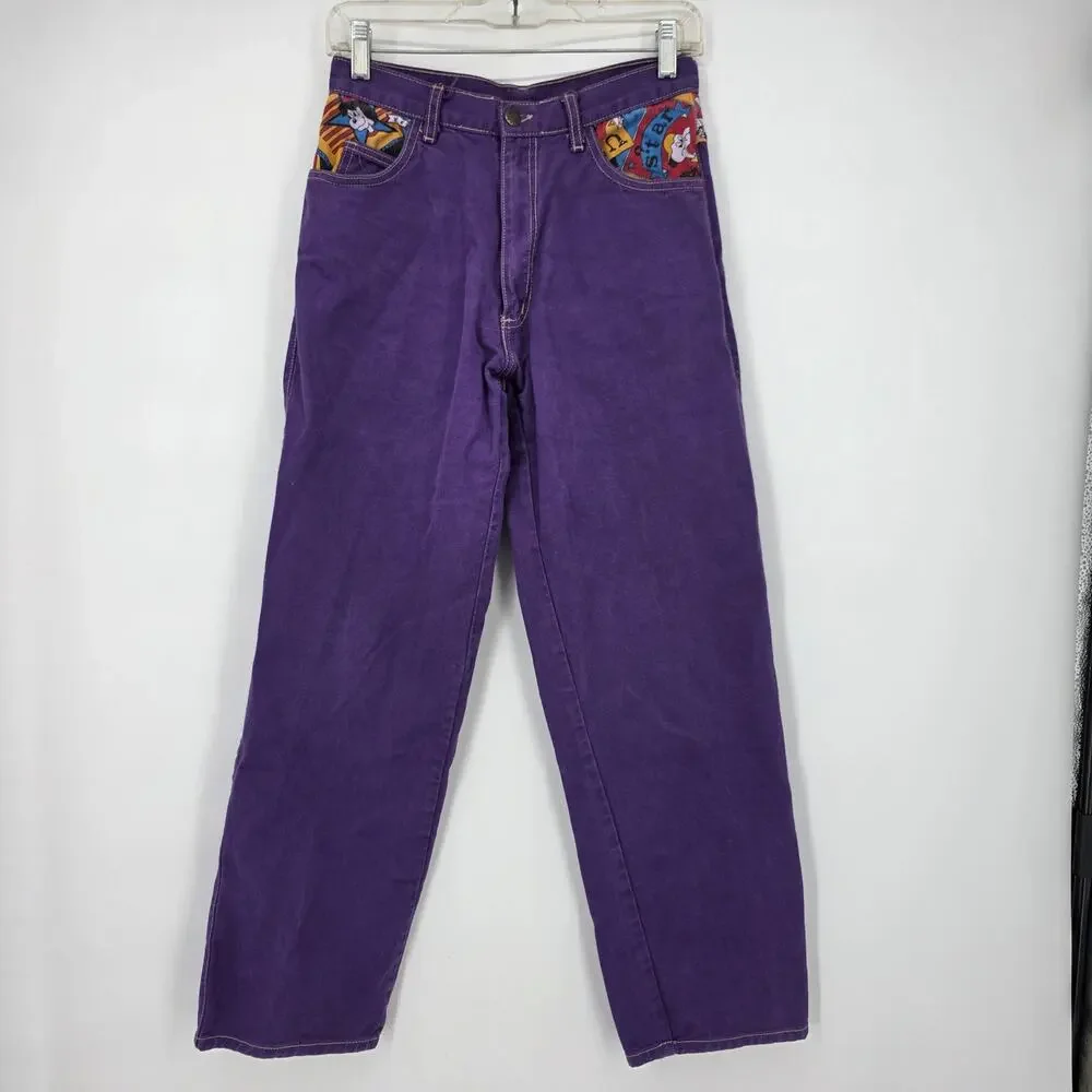 Vintage 90s Hard Core Purple Denim Jeans Cartoon Graphic Pockets 27x28 Y2K Retro
